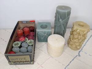 lot 588 image: (4) Beautiful Pillar Candles & Assorted Votives