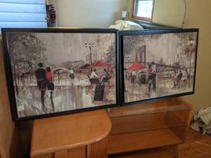 lot 233 image: Pair of Brooklyn Bridge Imitation Oil Paintings in Plastic Frames