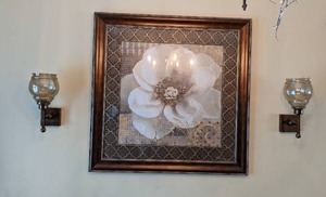 lot 243 image: Framed Magnolia Artwork & Pair of Decorative Sconces