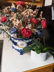 lot 267 image: LIVE Potted Orchid and DriedFaux Floral Display