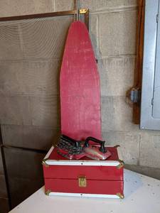 lot 626 image: Miniature Child Size Vintage Irons, Ironing Board, and Case
