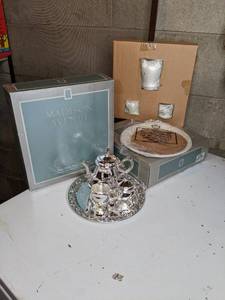 lot 631 image: Pair of Antique-Style Mini Silverplated Four Piece Coffee Sets - NIB