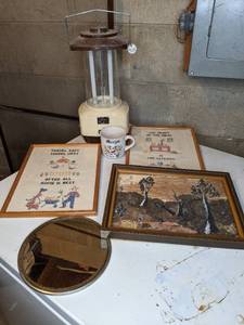 lot 652 image: Vintage Folksy Needlepoint Wall Hangings, Lantern, Et Cetera