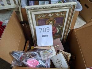 lot 709 image: Box Filled with Religious Paraphernalia