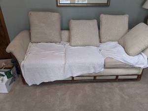 lot 323 image: Upholstered Couch with Rattan Base