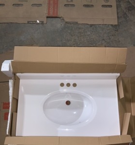 lot 10 image: DESIGN HOUSE 31 IN. CULTURED MARBLE VANITY TOP IN SOLID WHITE WITH BASIN NEW SEE PICS