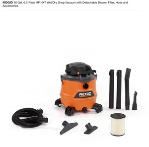 lot 51 image: RIDGID 16 Gal. 6.5-Peak HP NXT WetDry Shop Vacuum with Detachable Blower, Filter, Hose and Accessories SEE PICS