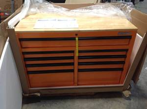 INTERNATIONAL 46 in. W x 24.5 in. D 9-Drawer Tool Chest Mobile Workbench with Solid Wood Top in Orange OPEN BOX COMPLETE SEE PICS