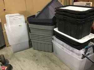 Pallet with assorted Storage Bins various conditions some tops missing