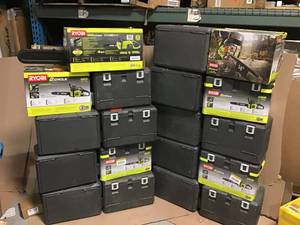 Pallet with assorted Ryobi 2 cycle gas chain saws various conditions customer returns