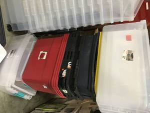 Pallet with assorted Plastic Storage bins some missing covers some are damage  see pictures