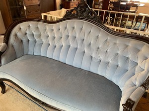 lot 16 image: 1860s Carved Sofa with Blue Tufted Upholstery