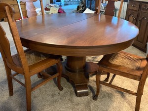 lot 46 image: Antique Round Oak Empire Style Table and Chairs