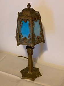 lot 54 image: 1920s Blue Glass and Metal Boudoir Lamp