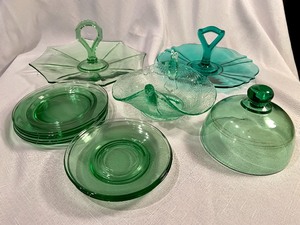 lot 256 image: Green Depression Glass Serving Lot