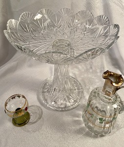 lot 262 image: Large Towle Crystal Compote w Antique Porcelain Hand Painted Pitcher & Goblet