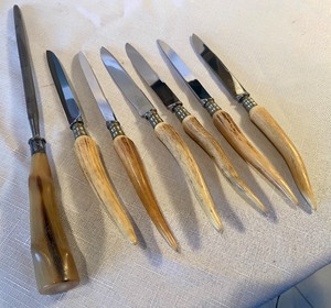 lot 267 image: Set 6 Franz Gude Solingen Germany Stag Horn Handle Knives & Knife Sharpener w Sterling Band