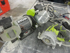 lot 228 image: RYOBI MASONRY SAW AND BENCH GRINDER