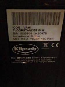lot 5 image: pair of Klipsch Icon VF 36 floor standing speakers