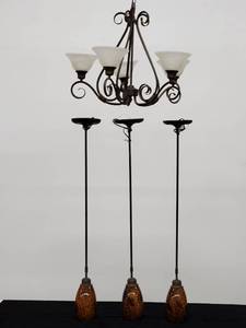 lot 108 image: Nice chandelier and (3) Light Pendants Lot