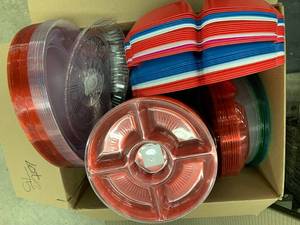 BOX OF ASSORTED PLASTIC SERVING TRAYS