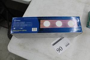 lot 90 image: Lot of (2) Westinghouse Vanity Light Bar 3-bulb 100W Solid Oak with Polished Brass Finish (in box)