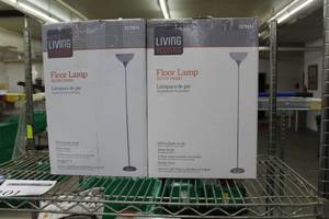 lot 101 image: Lot of (2) Living Accents Floor Lamps 72 Silver Finish White Plastic Shade (both in box)