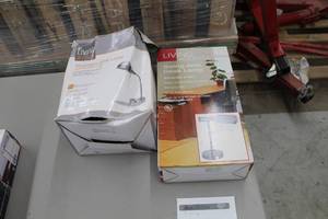 lot 102 image: Lot of (2) Living Accents Desk Lamps (both in box) - Pharmacy Desk Lamp Brushed Nickel, Swing Arm Desk Lamp Brushed Steel