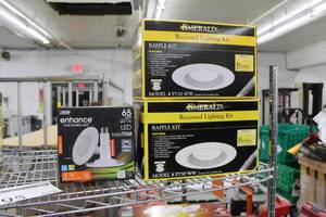 lot 95 image: Lot of (3) House Lighting (all in box) - Emerald Premier Series Recessed Lighting Kit Baffle Kit 75W P730WW (x2), Feit Electric Enhance Vivid Natural Light 65W LED Insta Trim (x1)