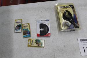 lot 112 image: Lot of (5) Dremel Accessories (in package) - Grout Removal Kit, MultiMax Universal Quick-Fit WoodDrywall, Grinding Stone, Engraving Cutter (x2)