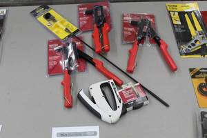 lot 121 image: Lot of (5) Hand Tools (in package) - Ace Riveter (x3), General Lighted Mechanical Pick-Up (x1), Stapler (x1), Ace Vinyl Tape