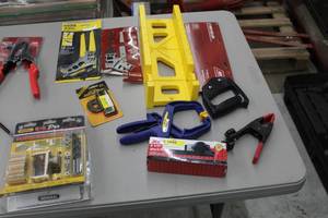 lot 122 image: Lot of Woodwork Accessories (in package) - Miter Box, Key Hole Saw, Miter Saw, Butt Gauge, Clamps, Dowling Jig Kit, Ace 6-12 Block Plane