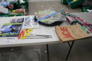 lot 138 image: Lot of (13) Landscape Supplies - Lawn and Leaf Bag, Paper Leaf Bags, Bamboo Stakes, Cover, Gloves, Mobile Pallet