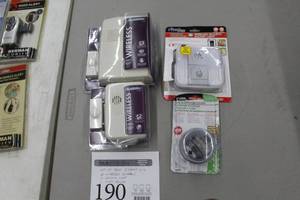 lot 190 image: Lot of (4) Wireless House Accessories (in package) - Heath Zenith 2-Sound Wireless Doorbell Kit, Heath Zenith 3-Sound Wireless Doorbell Kit, Westek Dusk-to-Dawn Light Control, RiteLite Motion Activated Wireless Security Accent Light