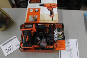 lot 207 image: Lot of (2) Black & Decker Drills (in package) - 12V Cordless DrillDriver (no battery), Corded Drill Driver 38 5.5A