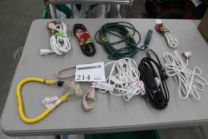 lot 214 image: Lot of (9) Extension Cords, 3-Outlet Adapter Plugs