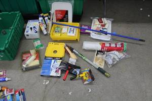 lot 223 image: Lot of Painting Supplies (in package) - Plastic Sheeting, Tray Liners, Paint Trays, Pail Shelf, Paint Roller Pads, Paint Applicators, The Woolie Decorative Painting Tools, Shims, Wall Texture, And More