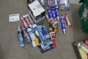 lot 224 image: Lot of Sealants (in package) - Case of DAP Silicone Max Cartridges, Flex Tape, Loctite Epoxy, Minwax Stainable Wood Filler, DAP Touch n Foam, Homax Caulk Remover, DAP Kwik Seal Ultra, Ace All-Purpose Adhesive, And More
