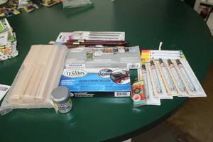 lot 235 image: Lot of ArtsCrafts Supplies (in package) - Short Cuts Paint Pens, Testors Enamel Paint Sets, Balsa Wood Blocks, Paint Brushes, And More