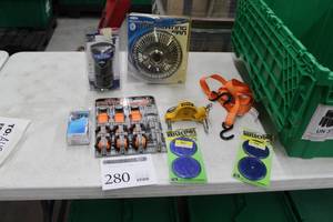 lot 280 image: Lot of Automotive Accessories (in package) - 12V Oscillating Fan 6 2-Speed, Peak Power Outlet 2.1A USB 50W,Hopkins Tow Adapter 6 Round to 4 Flat, Cam Buckle Tie-down 6x300lbs. 4-pack, Reese Towpower Locking Ball Hitch Adapter, Misc. Accessories