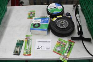 lot 281 image: Lot of Yard Accessories and Air Equipment (in package) - 8 Steel Wheel, Utility Wheel, Hand Pump, Arnold Inner Tube, Tire Gauges