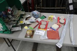 lot 276 image: Lot of Household Accessories (in package) - Plastic Sliders, Red Rubber Sheet Packing, Rubber Feet Cups, Felt Pad Assortment, Knob Latch, Hinges, Runners, Misc. Household