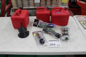 lot 284 image: Lot of Plastic Gas Cans, Plastic Funnels, Gas Can Pour Spouts