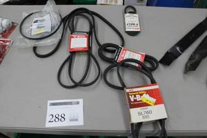 lot 288 image: Lot of General Utility V Belts, Heavy Duty V Belts, Lawn and Garden Belts (in package) - Ace, Mitsubishi, Toro