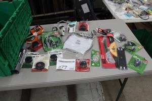 lot 277 image: Lot of Lawn Mower Parts and Accessories (in package) - Gas Cap, Gasket Repair Kit, Throttle Control, Power Equipment Hangar, Razor Tooth Saw 8, Fuel Line, Misc. Lawn Accessories