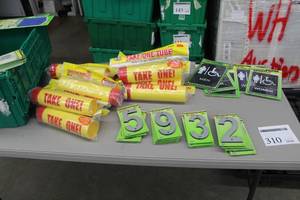 lot 310 image: Lot of Signage - MenWomen, Take One Tubes, Reflective Plastic Numbers, Brushed Brass Numbers, Address Kits, Misc. Signage