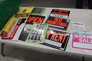 lot 322 image: Lot of Signage - No Trespassing, No Hunting, Open, Open House, For Rent, Garage Sale, Take One Tubes, Numbers and Letters, Misc. Signage