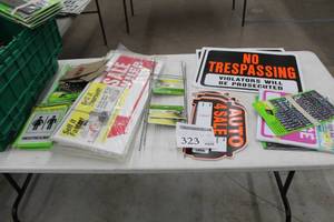 lot 323 image: Lot of Signage - Auto For Sale, For Sale By Owner, No Trespassing, Rest Room, Brass Numbers, Numbers and Letters, Misc. Signage