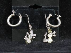 2 Sets of Sterling Silver Earrings - Hoops, Snowmen