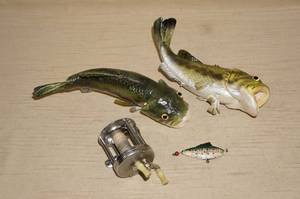Vintage Fishing Reel, Lure, Taxidermy Fish